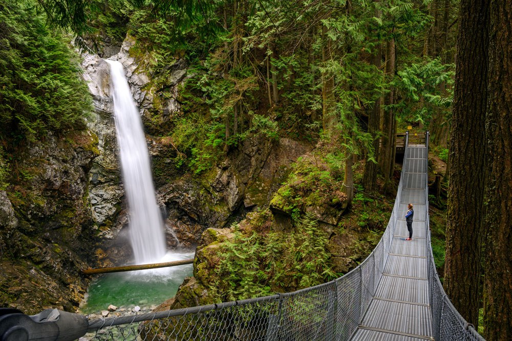 suspension bridge with waterfall in forest